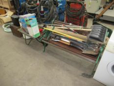 A Wooden Garden Bench, Gardening Tools, Wheerlbarrow etc