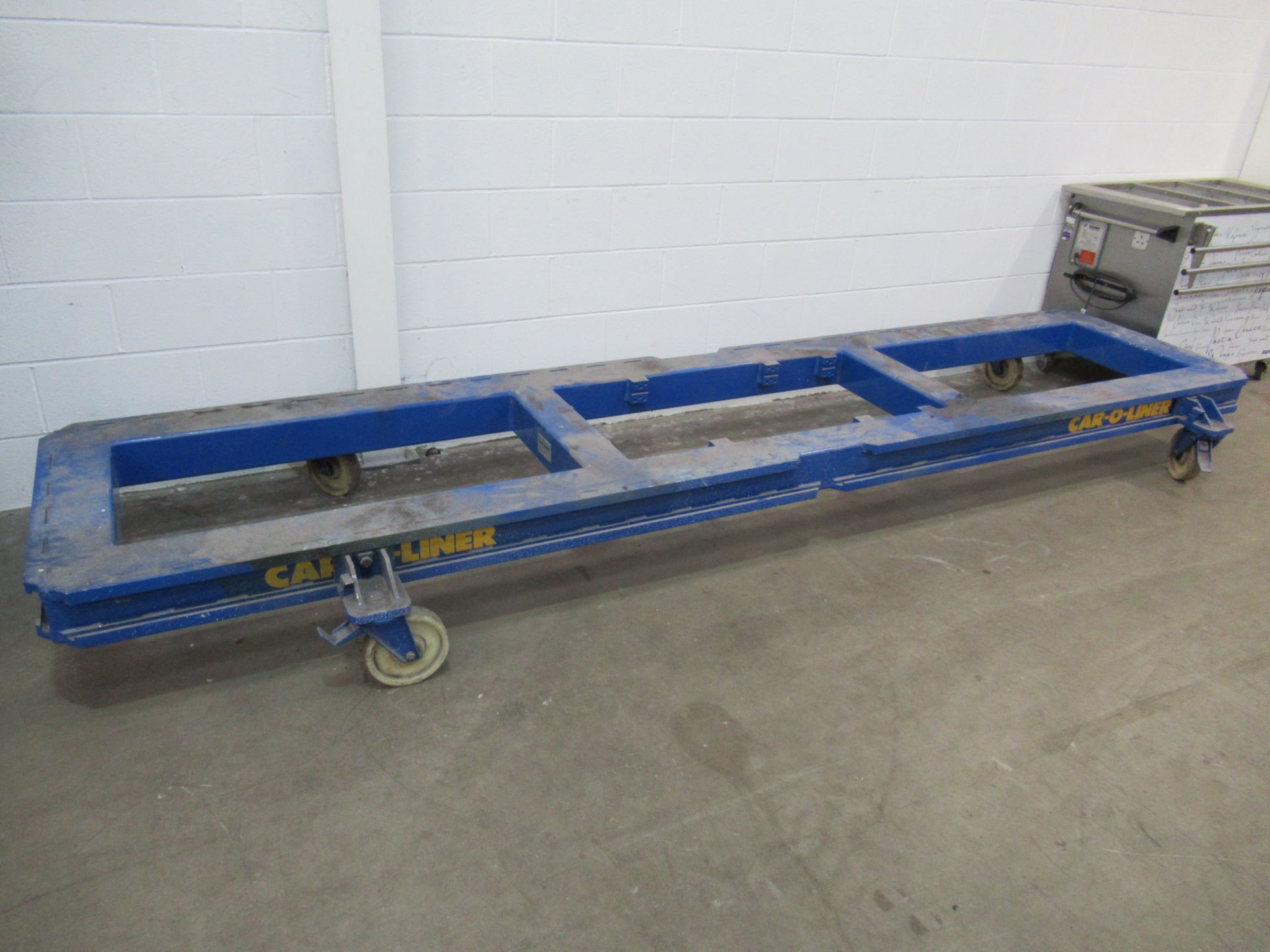 Car- o- Liner Vehicle Jig with two portable racks of tooling. See Lot 4B for Engine.