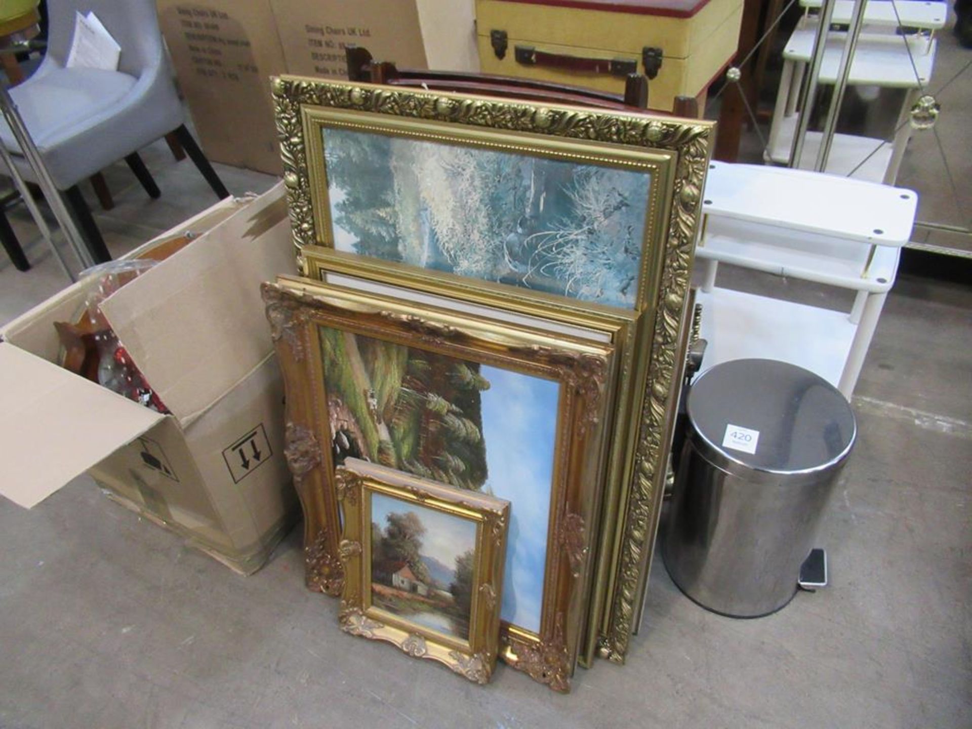 Miscellaneous items including framed art, table companion set etc.