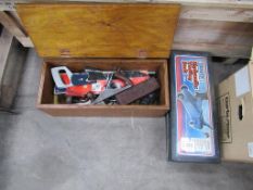 A Draper Trolley Jack and a box of Hand Tools