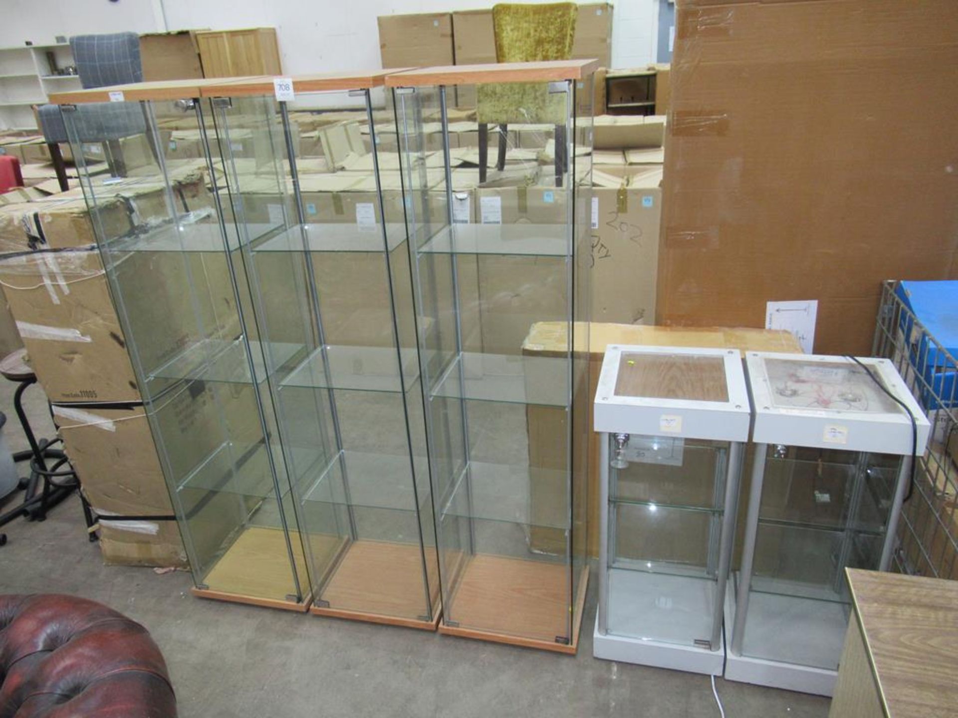 3x Tall Display Cabinets and 2x Small illuminated display cabinets