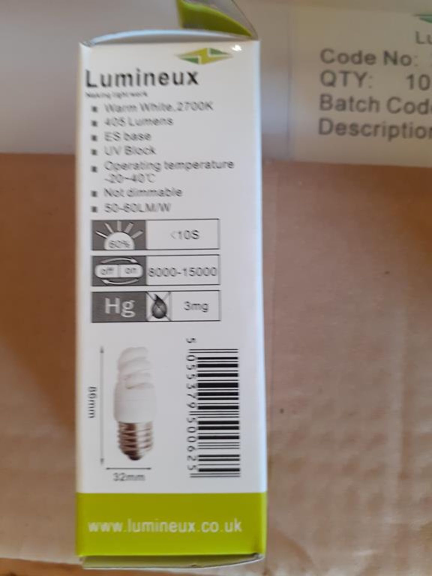 4x boxes of Lumineux Micro Spiral CFL 9W E27 2400K Warm White Energy Saving Bulbs (100pcs per box) - Image 5 of 5