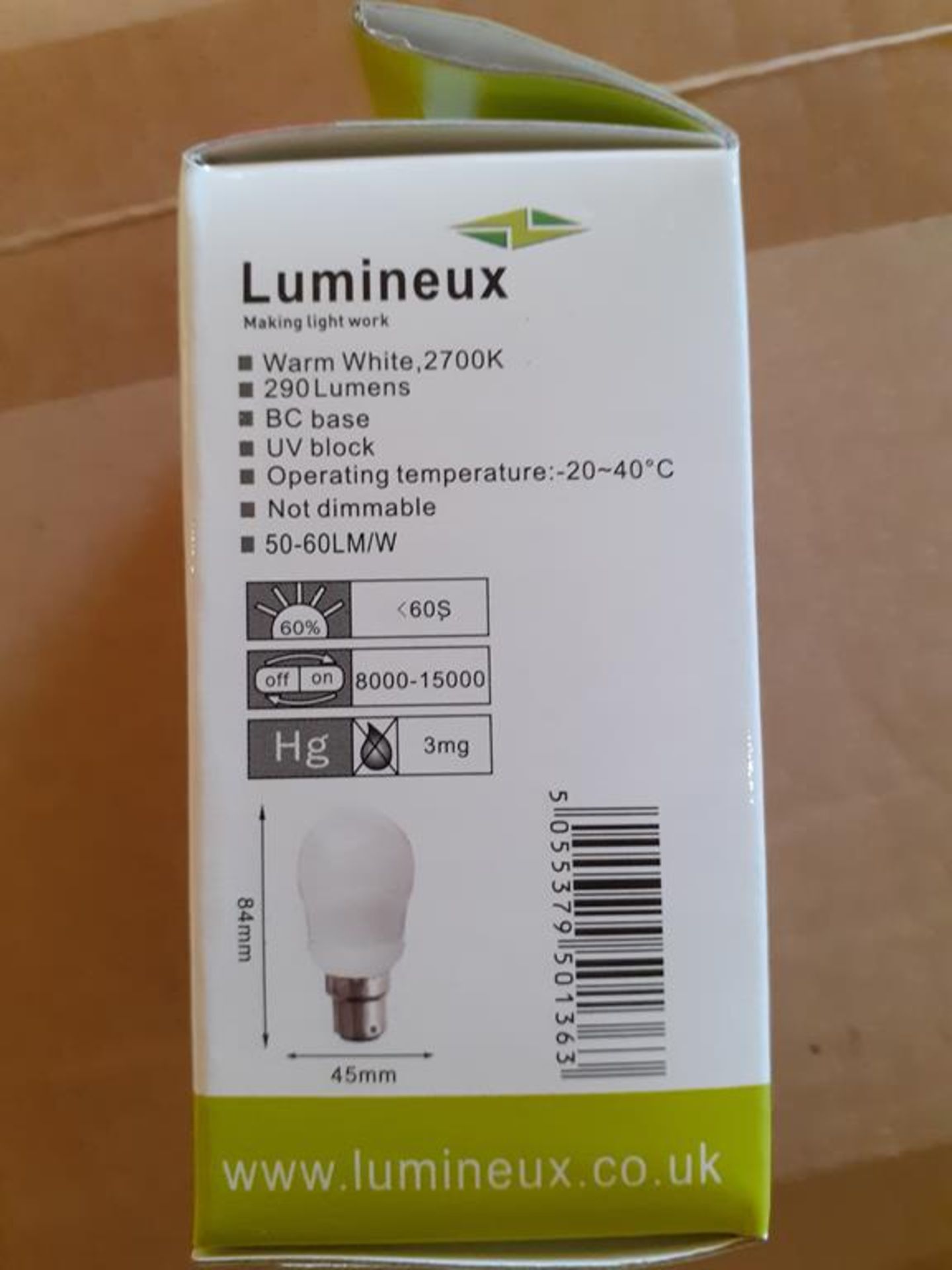 3x boxes of Lumineux Golf Ball 7W B22 2700K Warm White Bulbs (100pcs per box, 1 box contains 80pcs) - Image 3 of 4