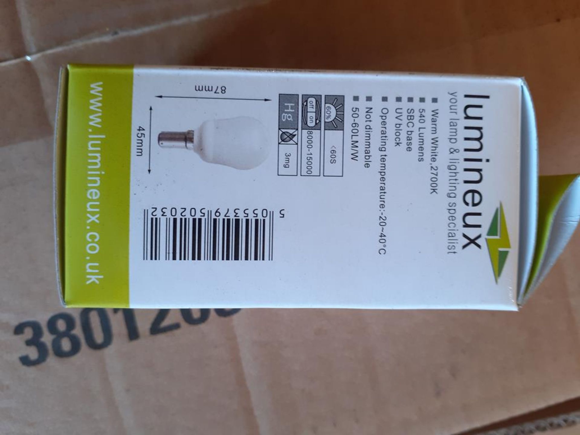 4x boxes of Lumineux Golf Ball CFL 11W B15 2700K Warm White Bulbs (100pcs per box) - Image 3 of 5