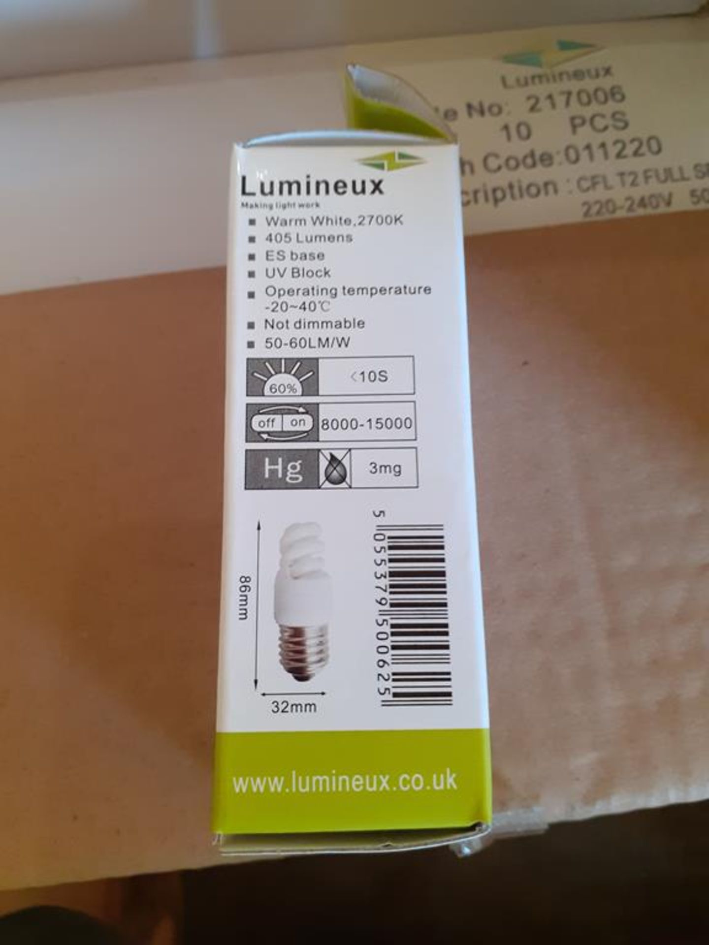 5x boxes of Lumineux Micro Spiral CFL 9W E27 2400K Warm White Energy Saving Bulbs (80pcs per box) - Image 3 of 5