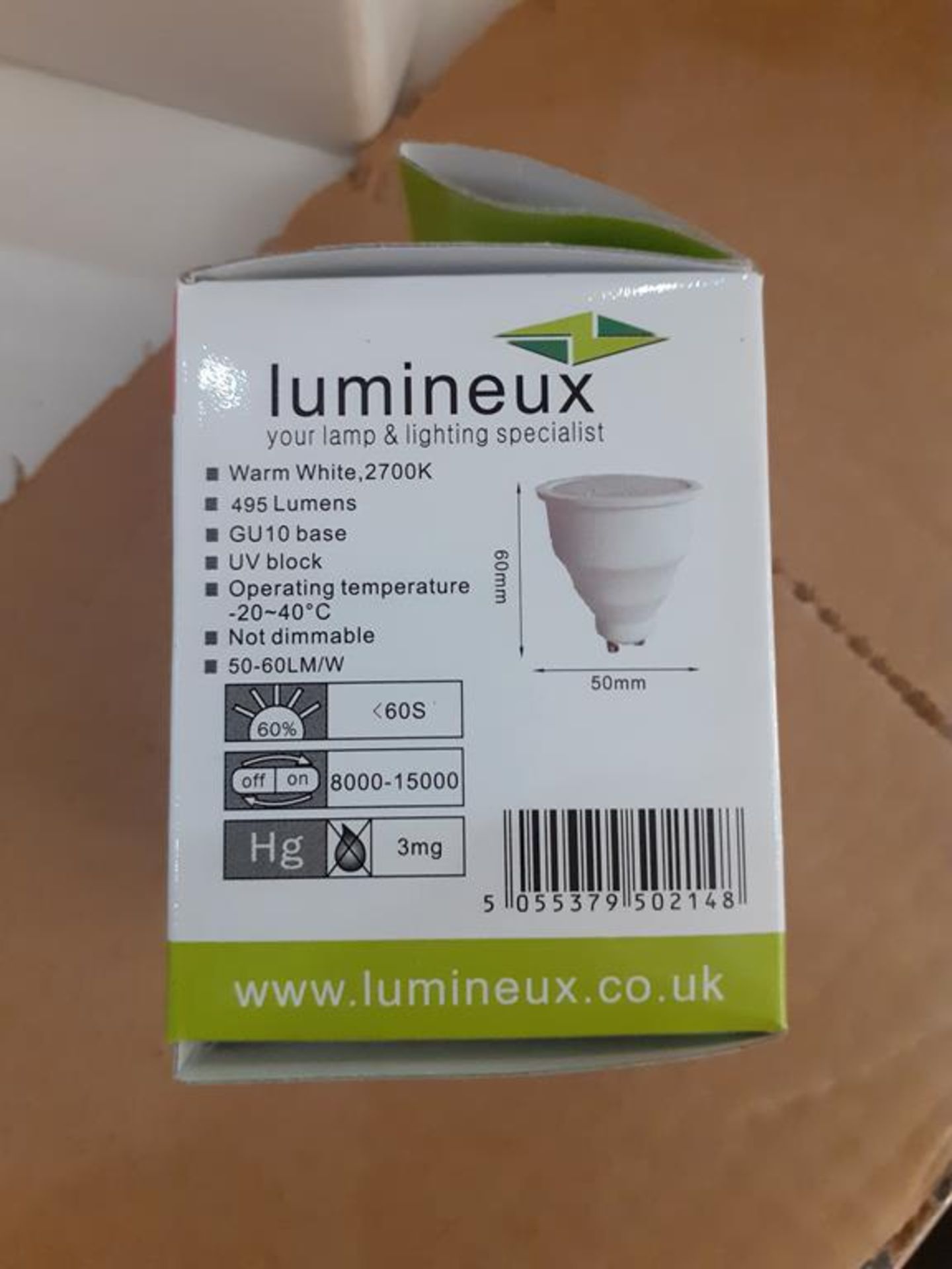 5x boxes of Lumineux Mini GU10 CFL 9W E27 2700K Warm White Bulbs (100pcs per box) - Image 5 of 5