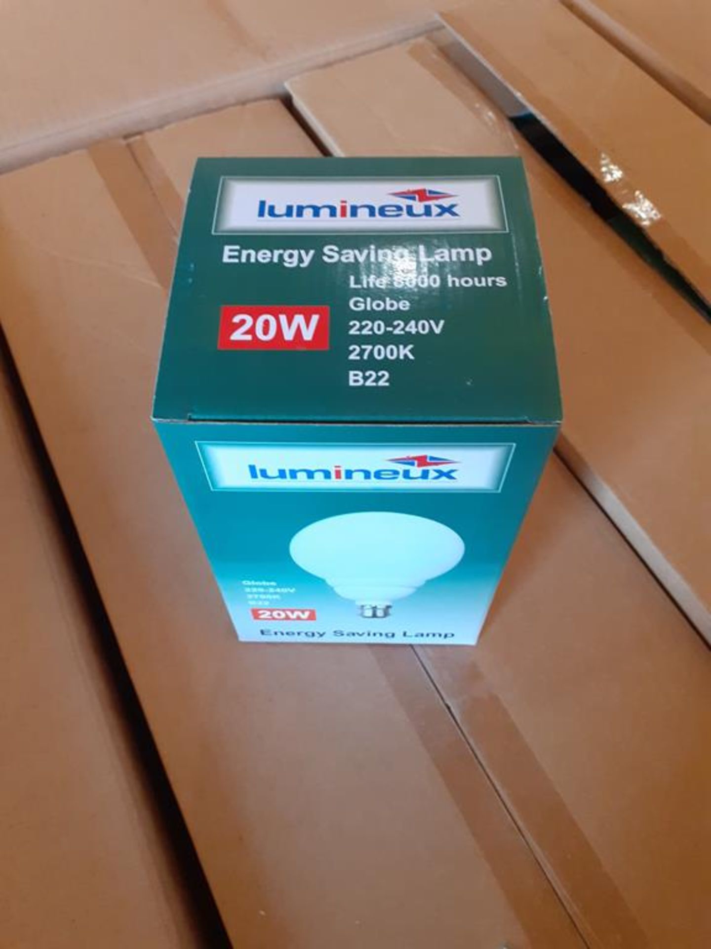 3x boxes of Lumineux Globe 20W B22 2700K 220-240V Energy Saving Bulbs (20pcs per box) - Image 3 of 5