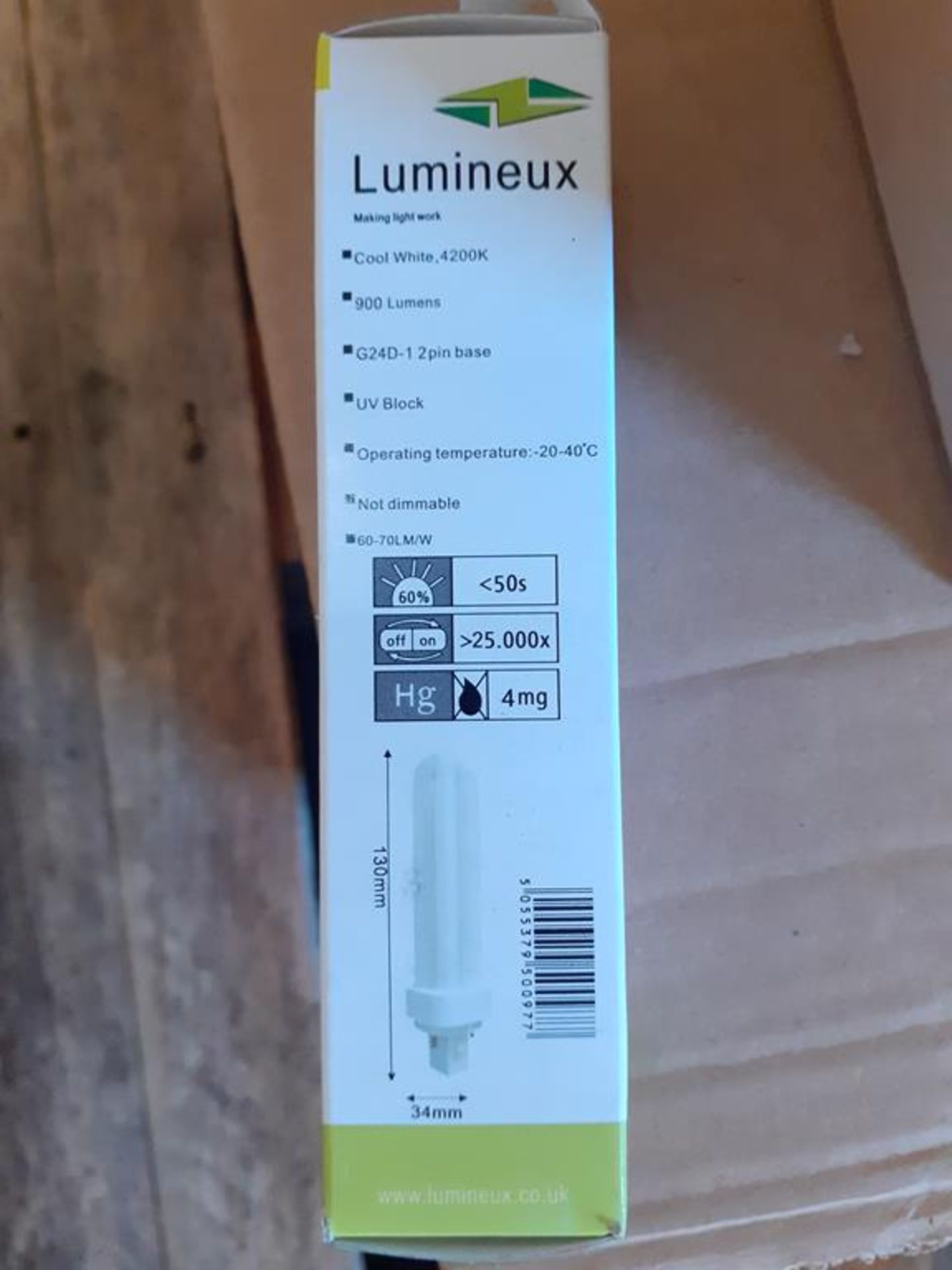 3x boxes of Lumineux PLC Compact 13W G24D-1 2U 2Pin 4200K Cool White Fluorescent Bulbs (100pcs per b - Image 5 of 5