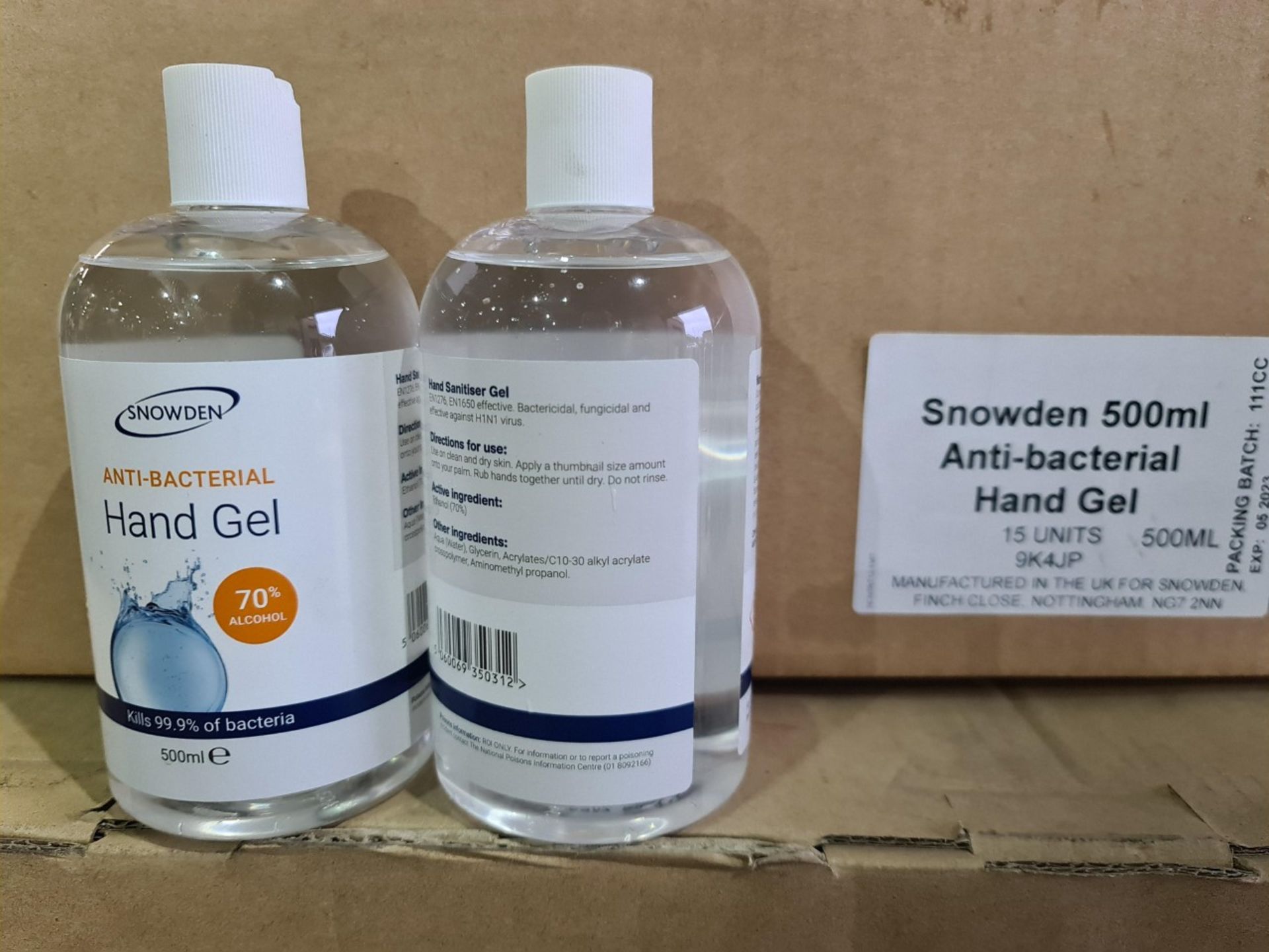 5,880 units of Snowden 500ml Anti-Bacterial Hand Gel Sanitiser - 70% Alcohol. RRP £6.99 per bottle