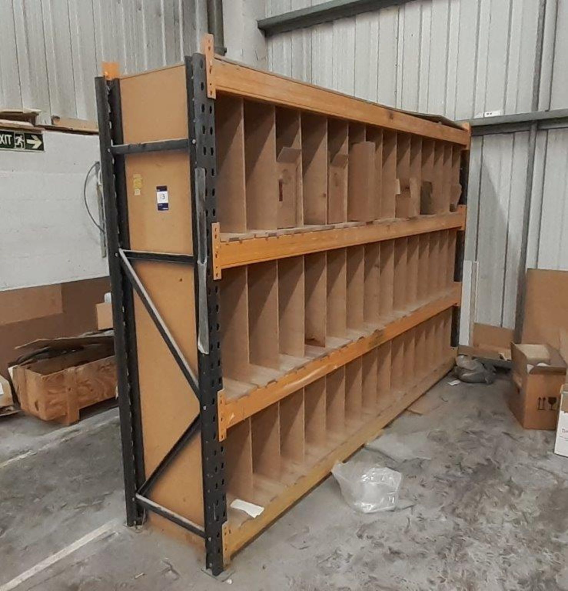 Bay of boltless Racking (2 frame ends & 8 crossbeams) with timber shelving