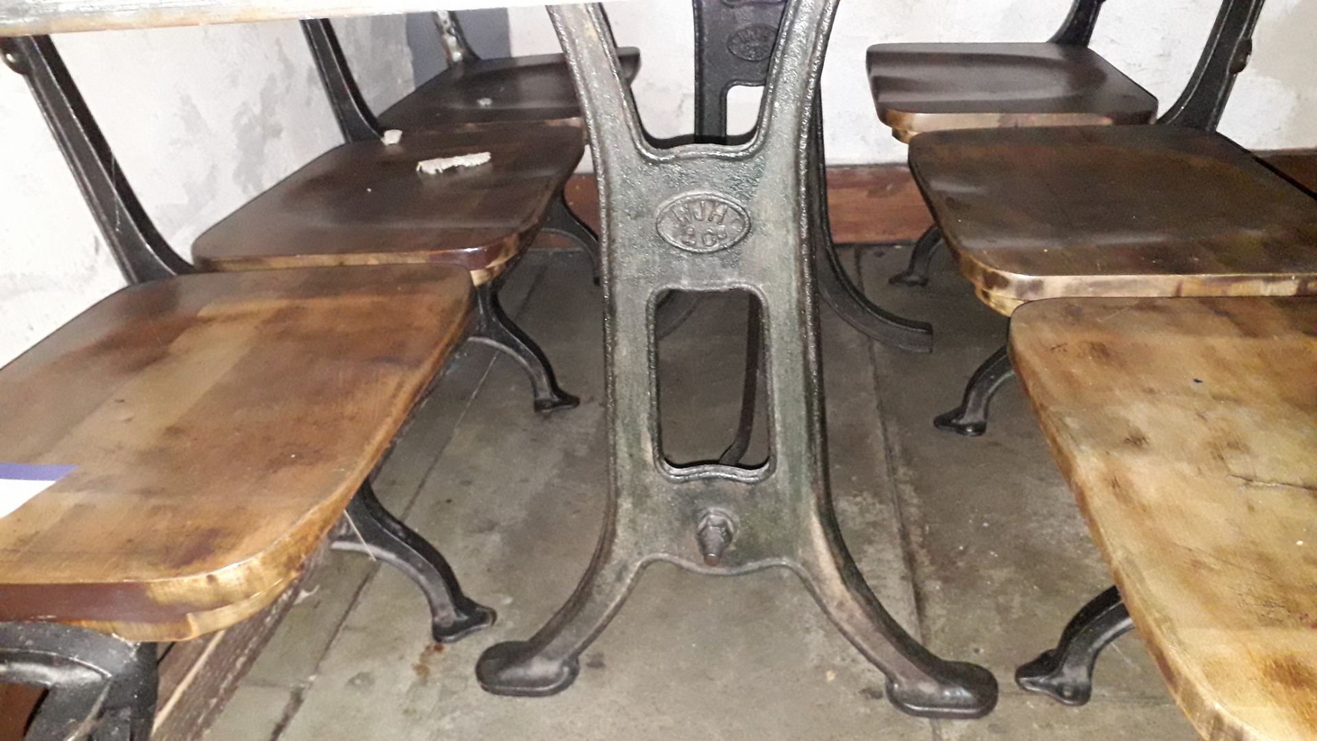 Pitch Pine Topped Table 1400mm on Vintage Cast Iron Supports with 2 Cast Iron Triple Seat Theatre - Image 3 of 4