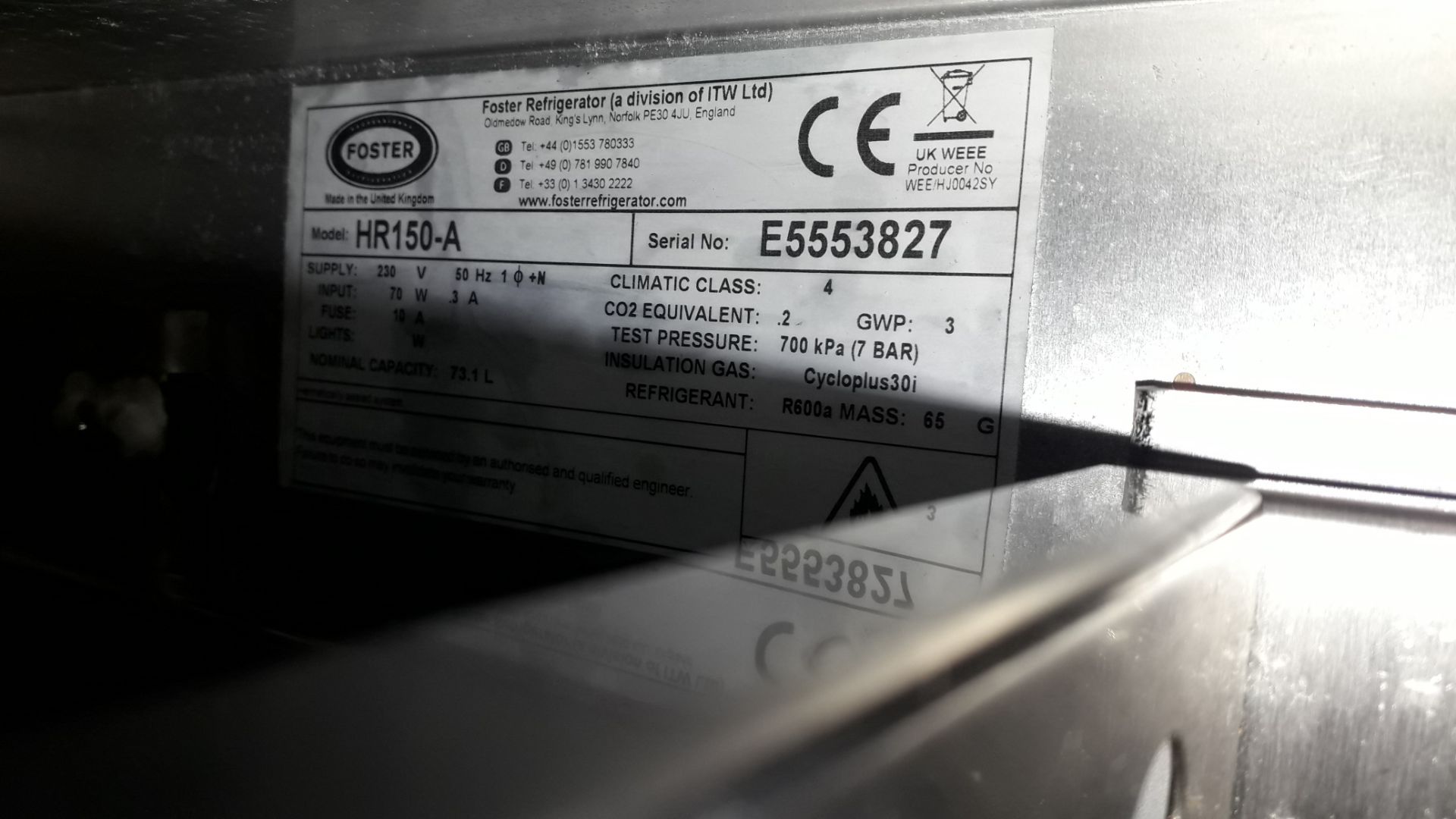 Foster HR150-A Stainless Steel Triple Drawer Undercounter Refrigerator Serial Number E5553827 - Image 3 of 3