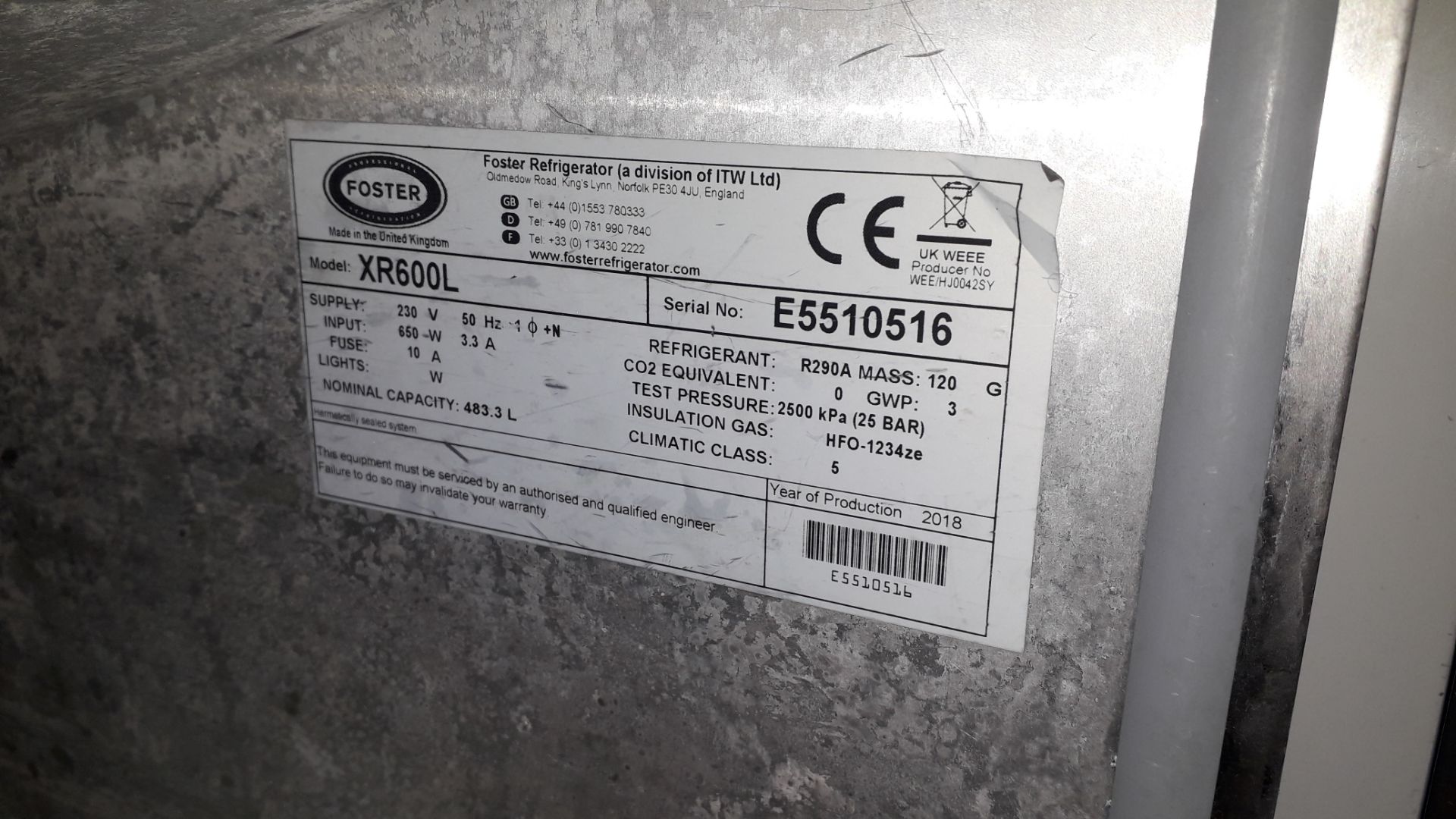 Foster XR600L Stainless Steel Single Door Cabinet Freezer (2018) Serial Number E5510516 Approx. 2000 - Image 3 of 3