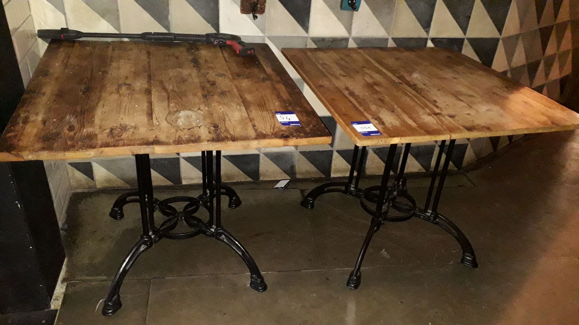 2 x Cast Iron Base Timber Topped Table 880 x 880