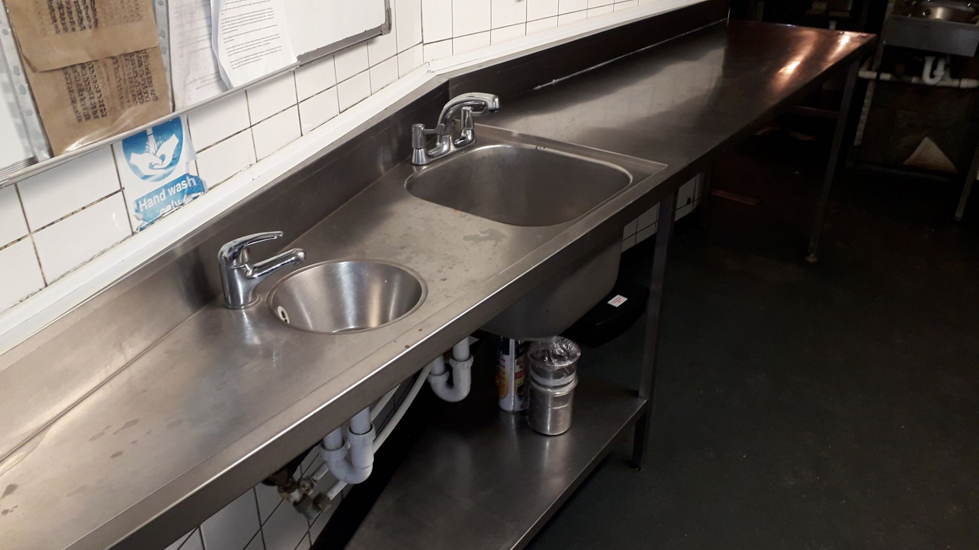 Stainless Steel Shaped Food Prep Table with 2 Sinks 3360mm (Disconnection required by Qualified - Image 2 of 3