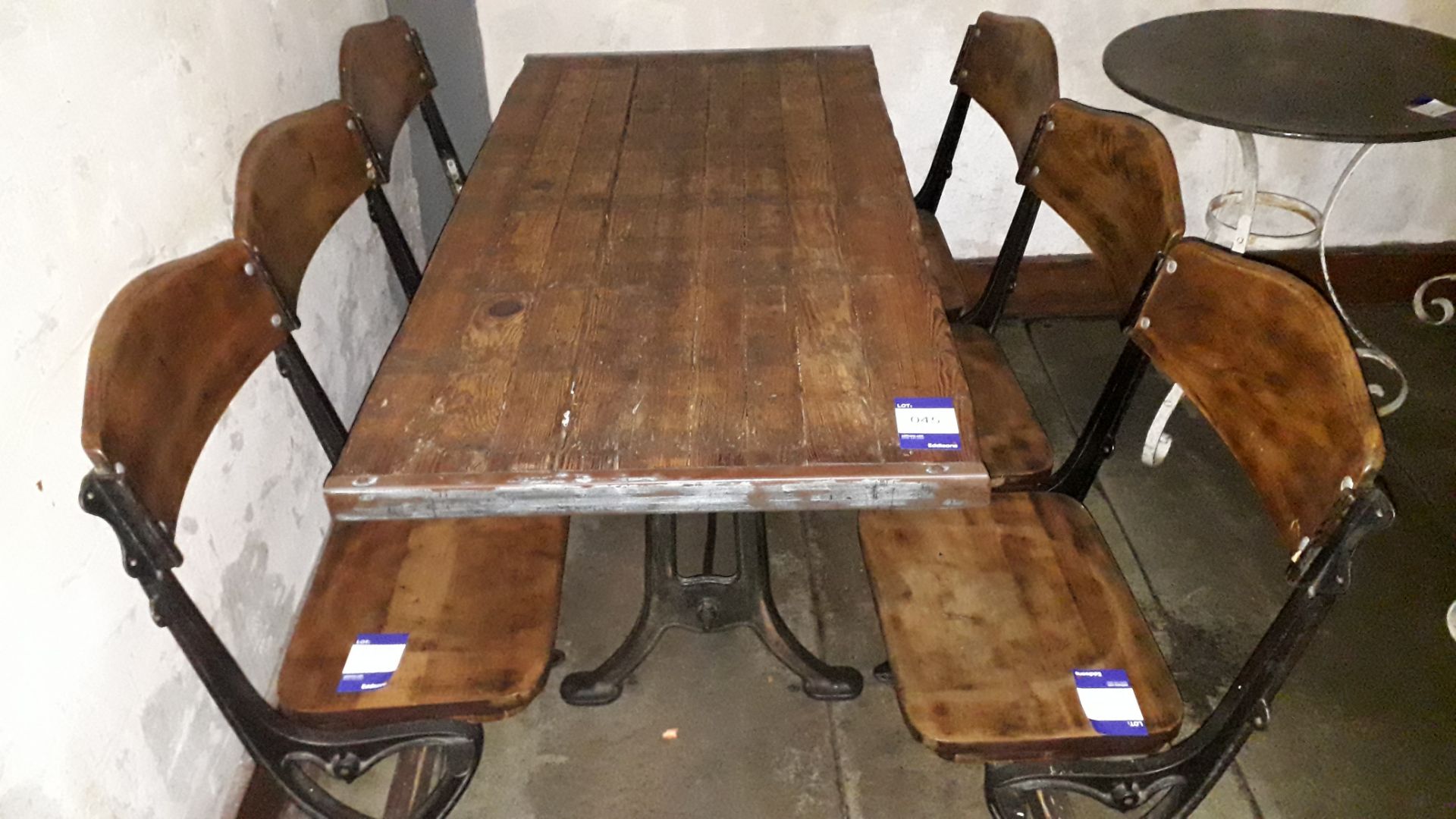 Pitch Pine Topped Table 1400mm on Vintage Cast Iron Supports with 2 Cast Iron Triple Seat Theatre