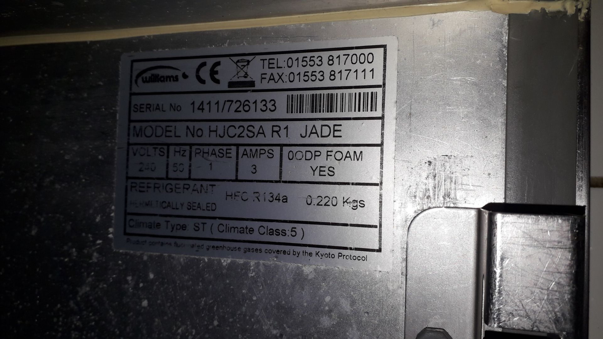 Williams HJC2SAR1JADE Stainless Steel 2 Door Undercounter Refrigerator Serial Number 1411-726133 - Image 3 of 3