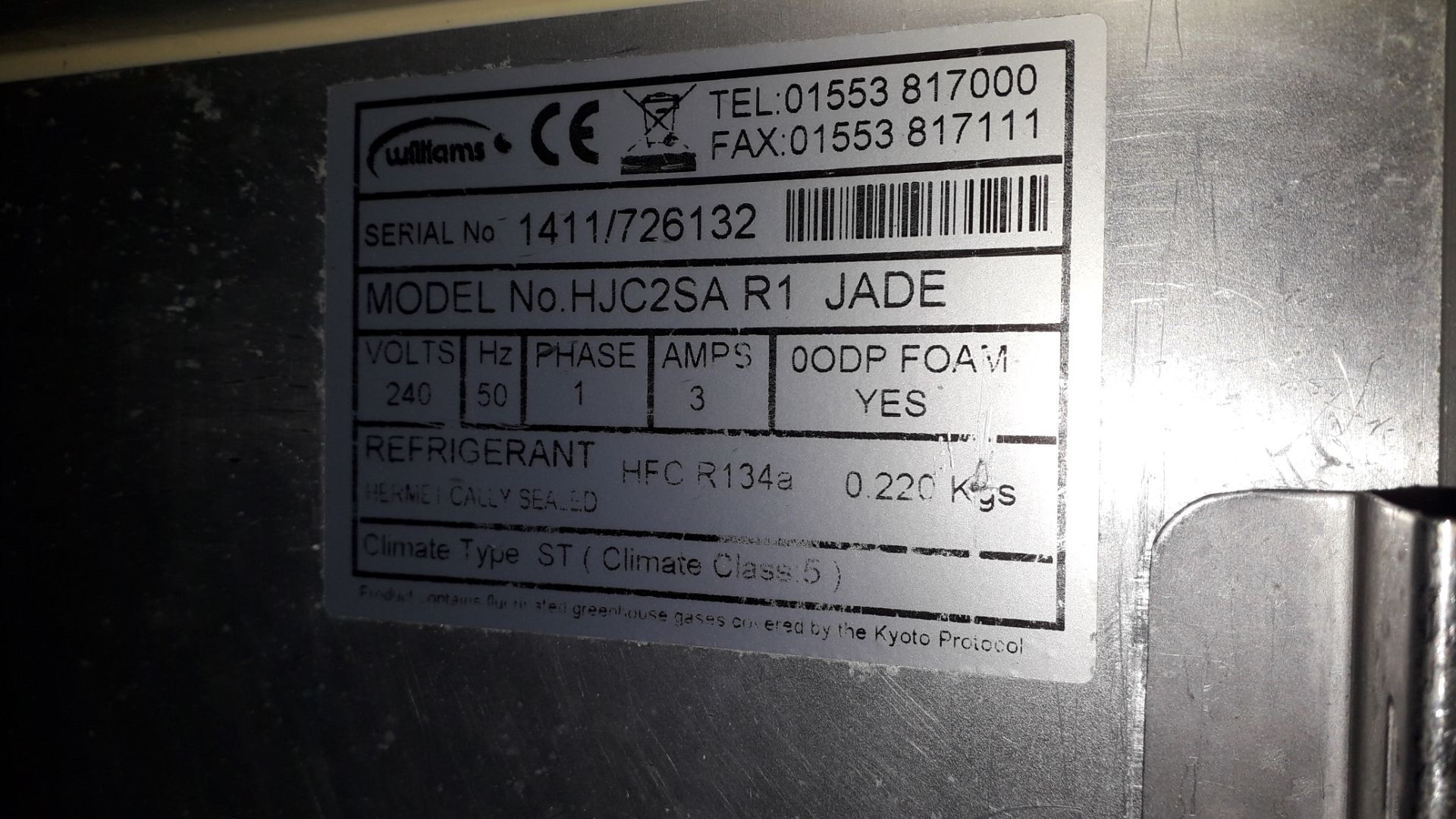 Williams HJC2SAR1JADE Stainless Steel 2 Door Undercounter Refrigerator Serial Number 1411-726132 - Image 3 of 3