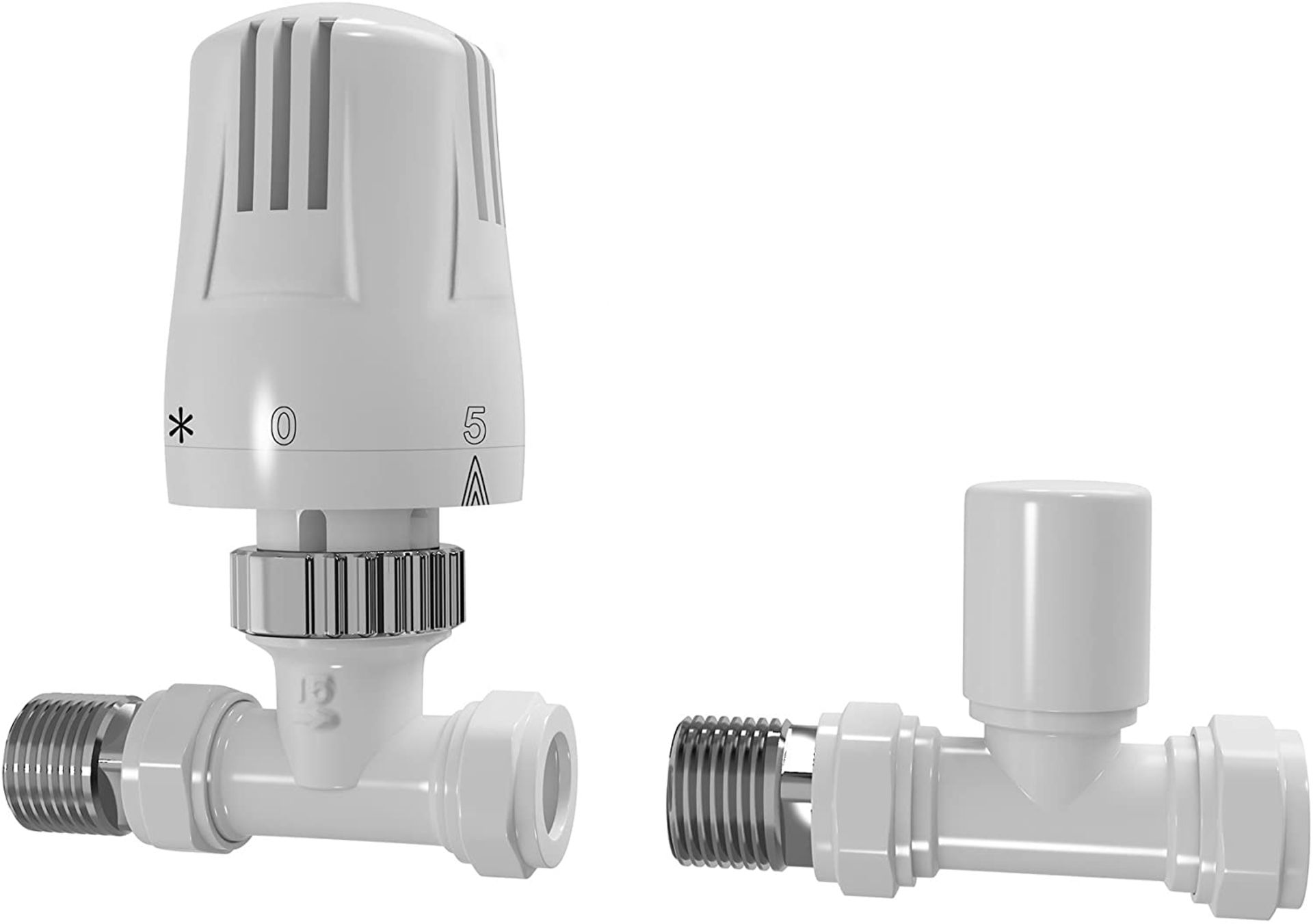 NEW & BOXED White Thermostatic Straight Radiator Valves 15mm Central Heating Taps RA32S. Solid brass