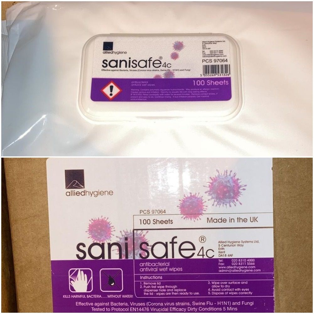 44,000 Sanisafe UK Made Anti-Viral Surface Wipes and 6000 Bottles of Anti-Bacterial Hand Gel