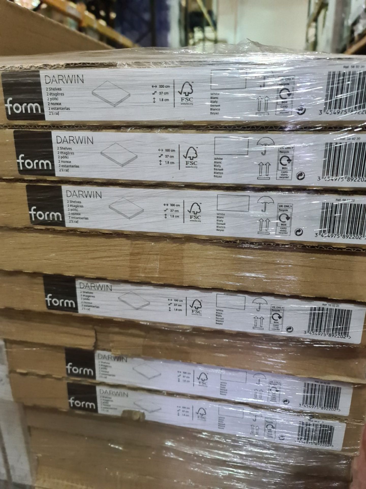 (S181) PALLET TO CONTAIN 62 x NEW SETS OF 2 DARWIN SHELVES IN WHITE. 100CM LONG x 37CM DEEP X 1.