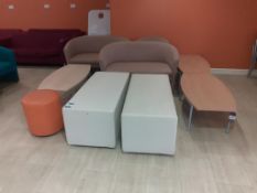 2x Cream Two Seater Sofas, 3x Coffee Tables, Orange Footstool, 2x White Benches & Remote Controlled