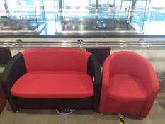 Red & Black Upholstery Effect Round Back Two Seater Sofa with Red Tub Chair