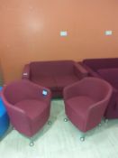 2x Purple Three Seater Sofas, 1x Pink Two Seater Sofa with Two Pink Tub Chairs