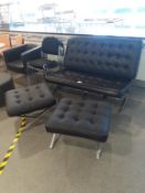 Two Seater Black Effect Metal Framed Sofa & 2x Black Leather Effect Foot Stools