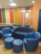 2x Blue Round Back 2 & 3 Seater Sofas, 2x Tub Chairs, Foot Stools, Display Cabinets and Desk