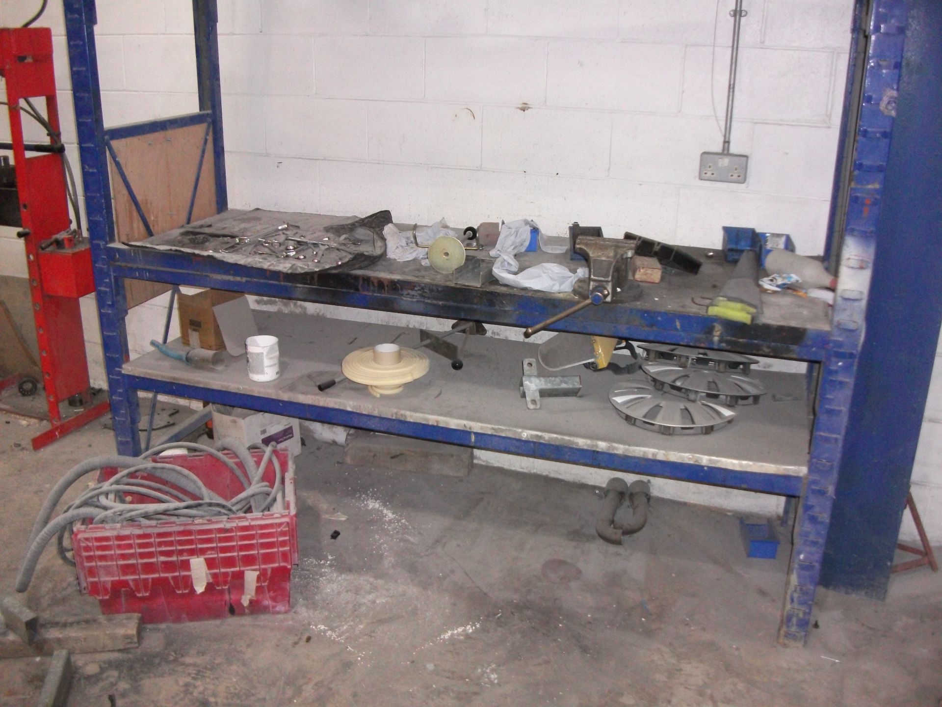 Steel workshop racking and contents including vice