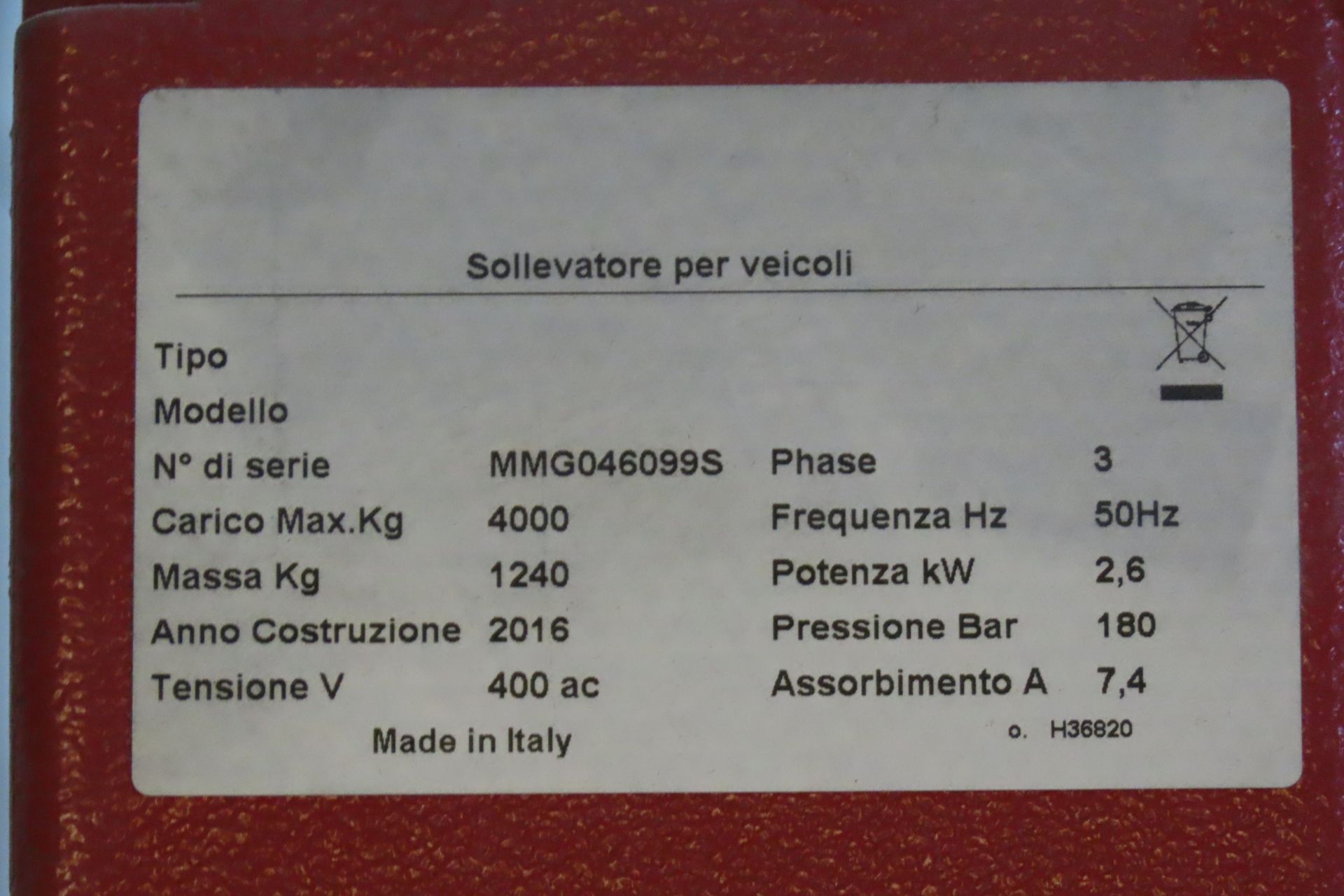 Sice Auto 4 PQC 40 WCT Wheel Alignment 4 Post Lift/Ramp Serial Number IMD746289 / MMG046099S, SWL - Image 4 of 7