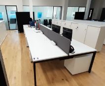 Contemporary white laminate 8-person Workstation, comprising; Desk 5600 x 1650 with privacy