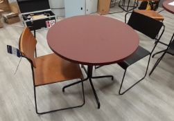 Contemporary Breakout Furniture, comprising; 2 steel framed Chairs with circular Dining Table