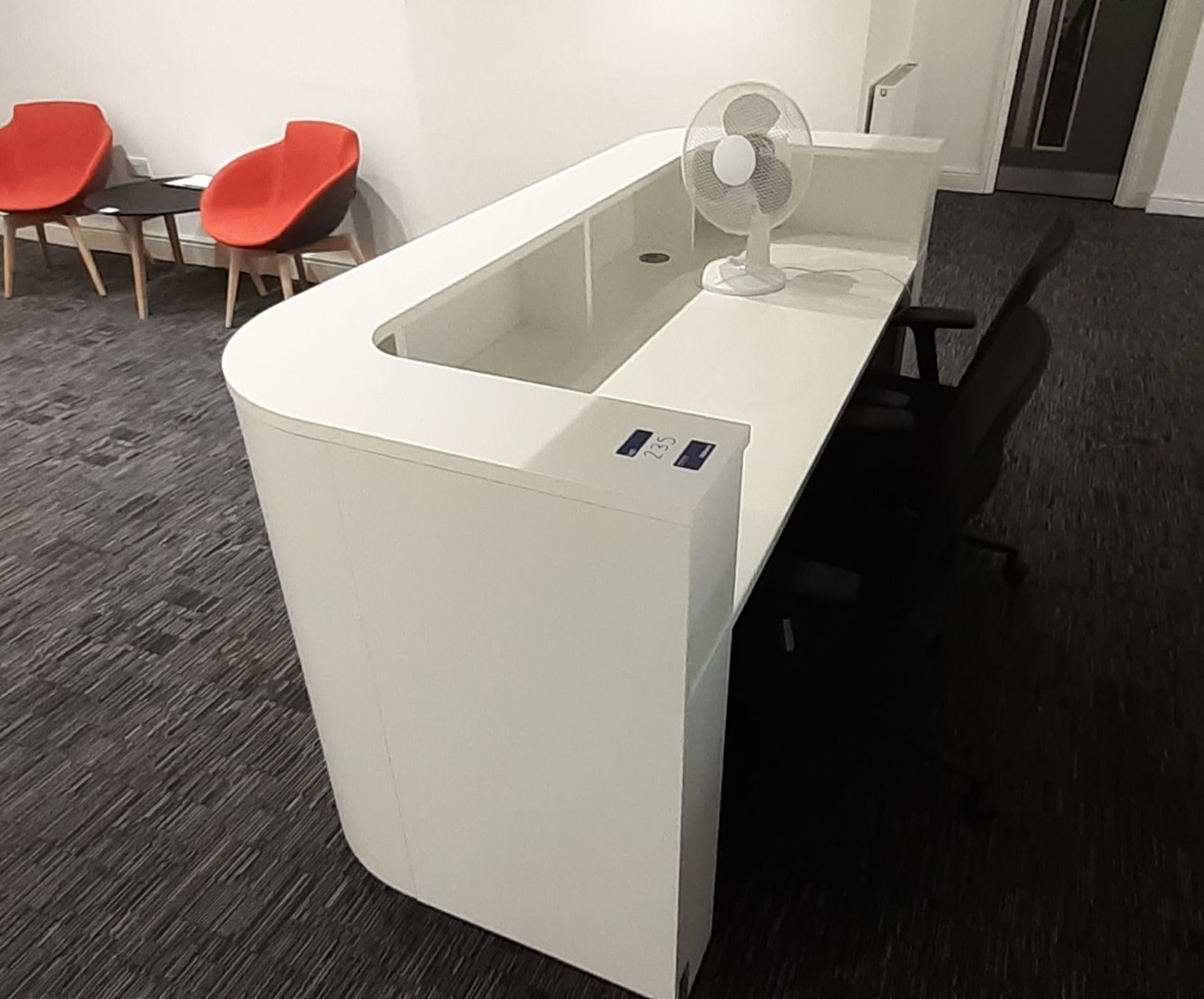 Contemporary white laminate Reception Desk 2000 x 800 with 2 Mobile Office Chairs