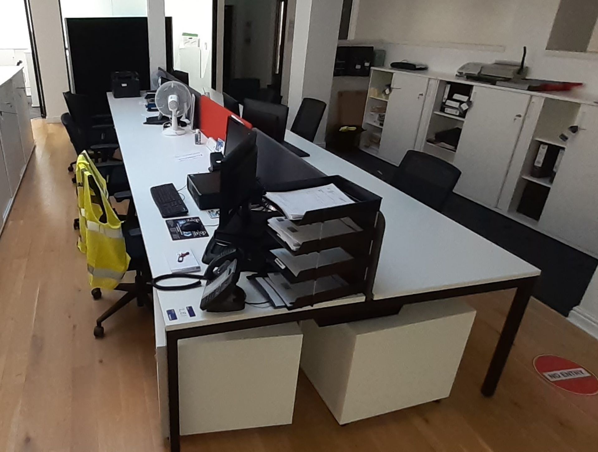 Contemporary white laminate 8-person Workstation, comprising; 5600 x 1650 Desk with privacy