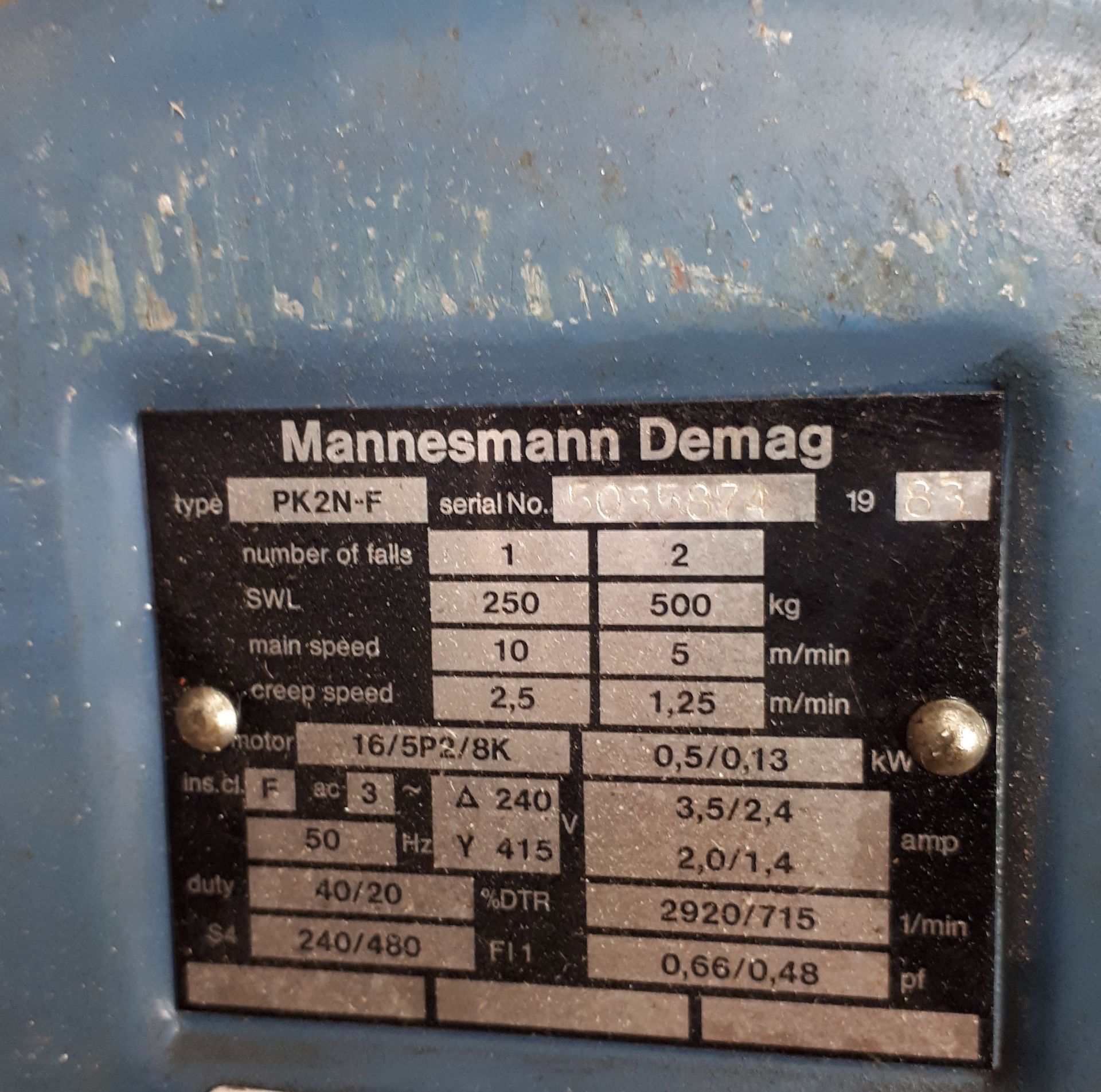 Demag PK2N-F electric hoist, 500KG SWL - Image 3 of 3