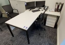 Contemporary white laminate L-shaped Desk approx. 1800 x 1600, 3-drawer Pedestal, Mobile Office