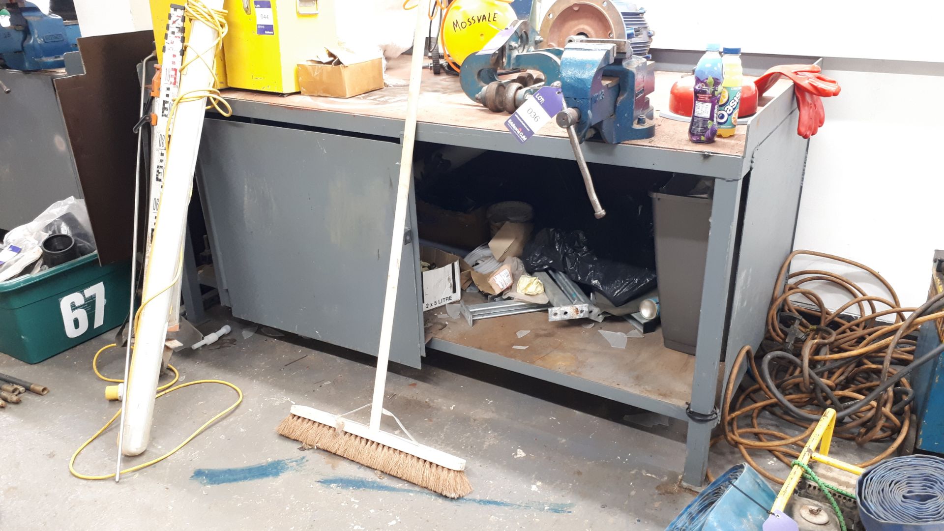 Steel fabricated work bench, with Record No25 engineers vice, approx 2m x 1m