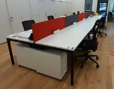 Contemporary white laminate 10-person Workstation, comprising; Desk 7m x 1650 with privacy screens &