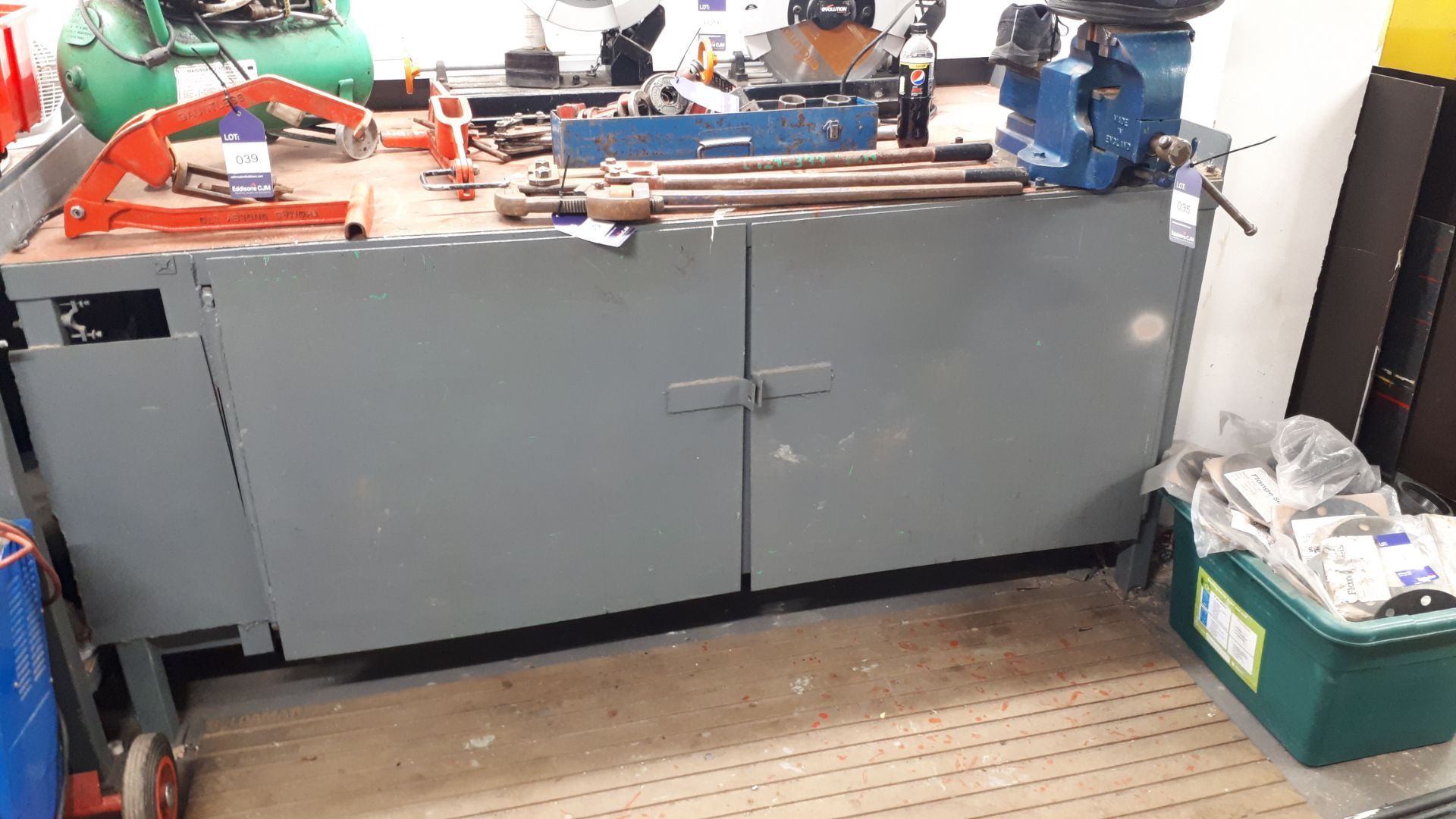 Steel fabricated work bench, with Record No25 engineers vice, approx 2m x 1m