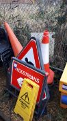 Various traffic cones, and warning signs