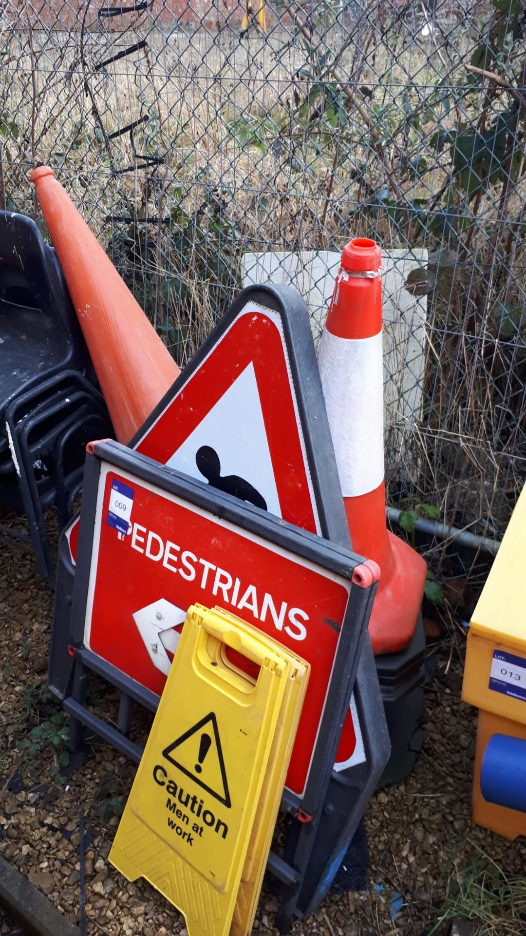 Various traffic cones, and warning signs