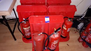 10 x Various fire extinguishers, with 5 x plastic stands