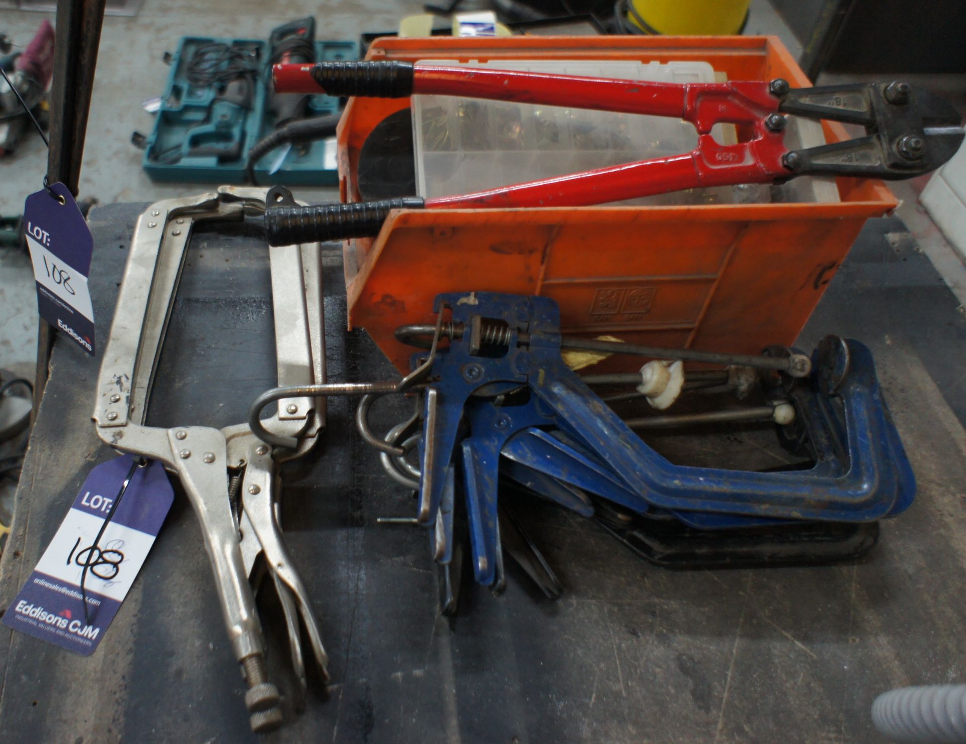 Qty of various clamps and contents to storage box