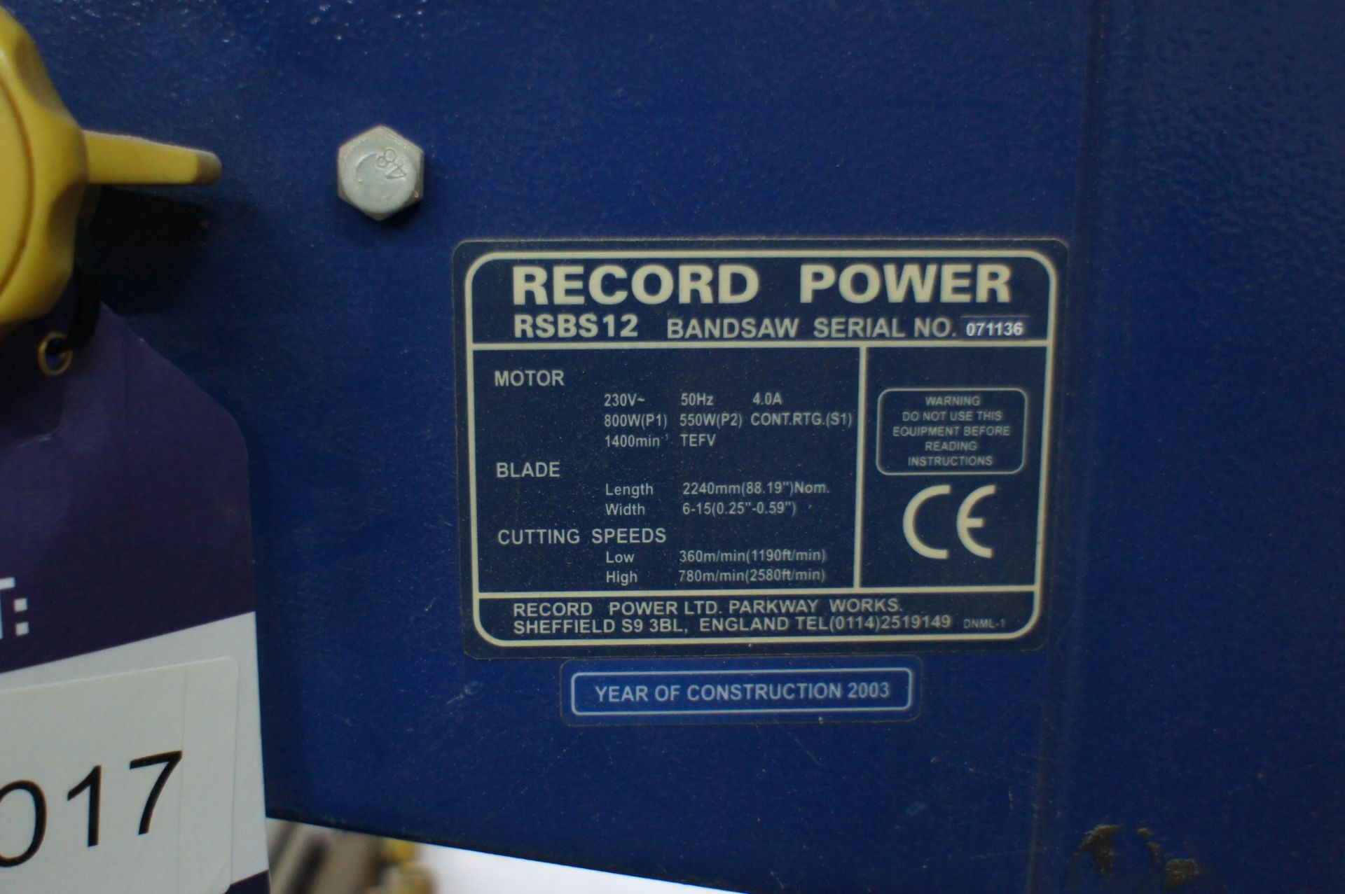 Record Power RSBS12 bandsaw 240volts - Image 4 of 4