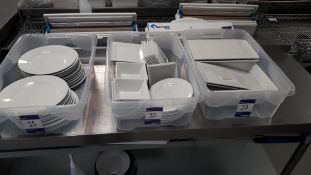 3 x Containers containing various White Crockery. Located at The Great Little Catering Company