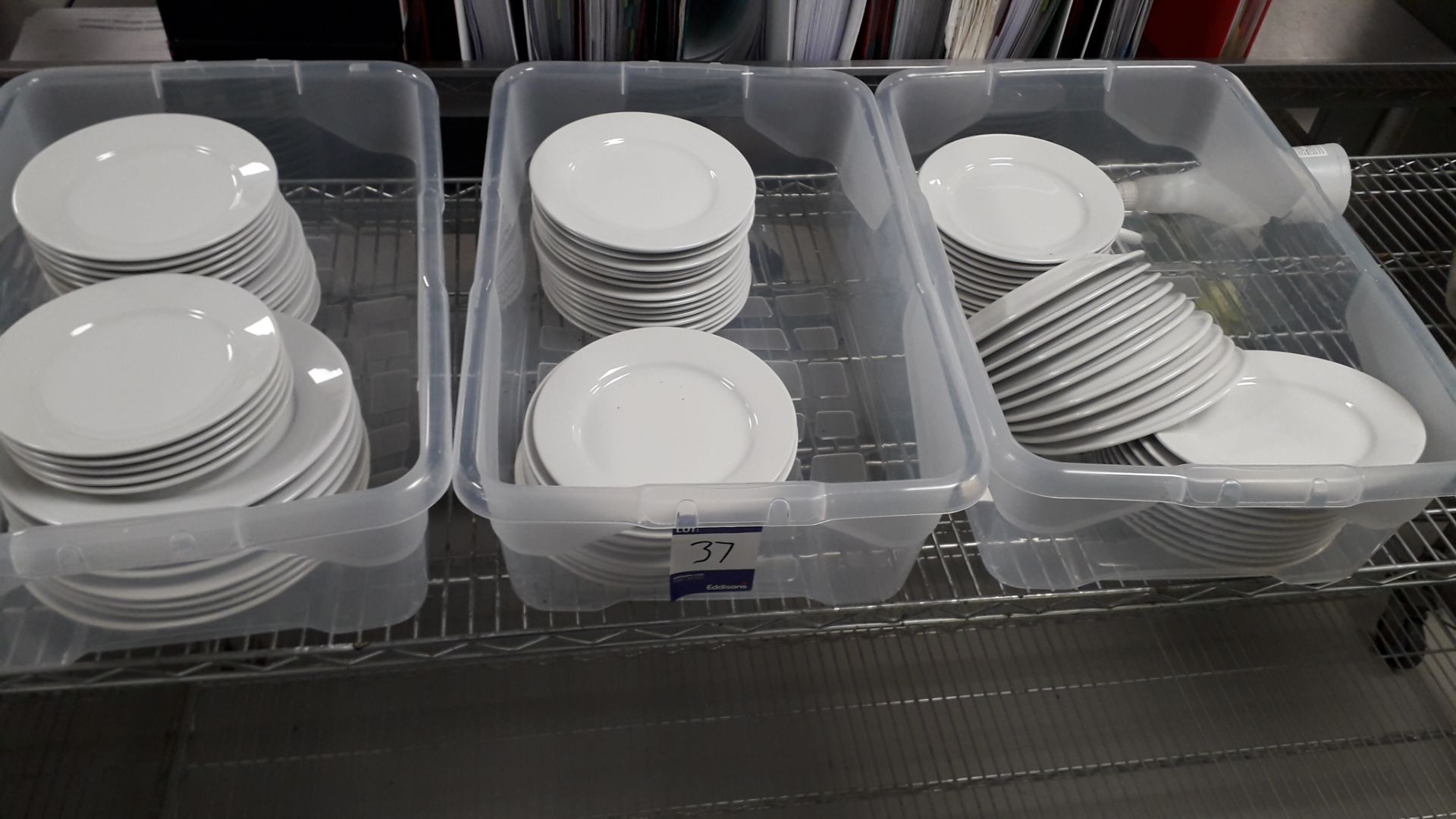 3 x Containers containing various White Crockery. Located at The Great Little Catering Company