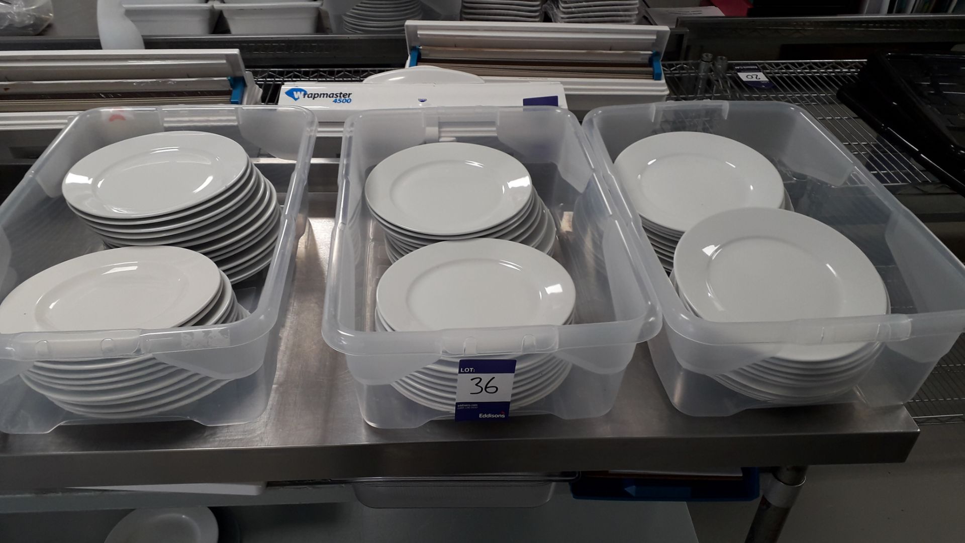 3 x Containers containing various White Crockery. Located at The Great Little Catering Company