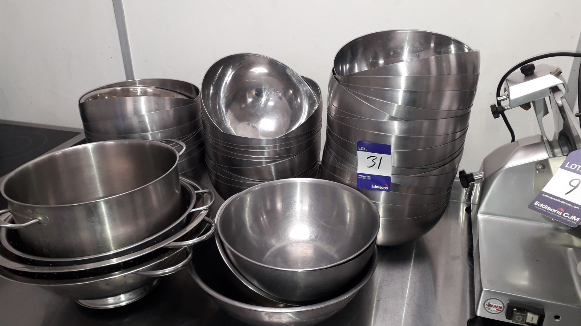 Quantity of Approx. 35 Stainless Steel Mixing Bowls and 3 x Colanders. Located at The Great Little